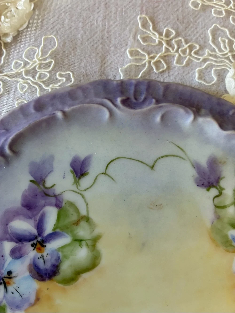 Hand-Painted Floral Decorative Plate in Lavender and Yellow